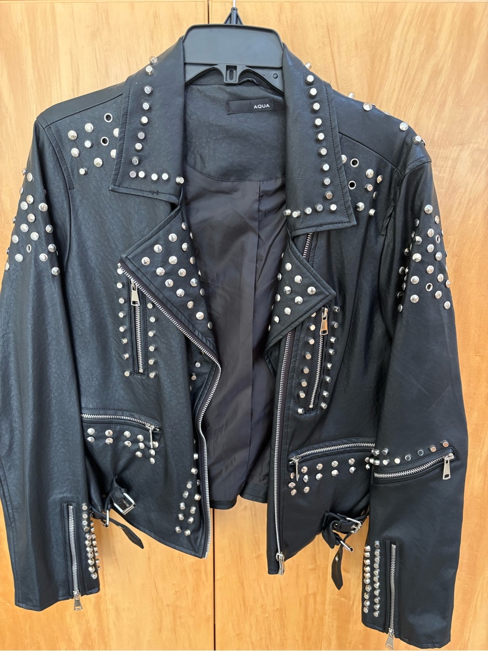 Aqua Black Studded Faux Leather Moto Jacket with Silver Hardware